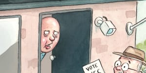 John Shakespeare illo of Peter Dutton and Anthony Albanese re the Voice for Peter Hartcher column March 25