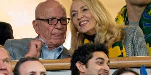Rupert Murdoch and Jerry Hall look on during the 2015 Rugby World Cup.