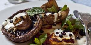 Grilled mushrooms with garlic,tahini and haloumi.