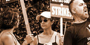 Picketers outside Paramount Studios in Los Angeles on July 17.