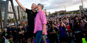 Prime Minister Anthony Albanese and Foreign Minister Penny Wong at the start of the WorldPride 2023 march across the Sydney Harbour Bridge.