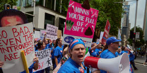 Nurses protest outside NSW parliament in Sydney on Wednesday,their third strike in as many months. 