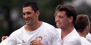 Wes Maas,left,at pre-season training for South Sydney at the end of 2001. 