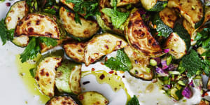 Fried zucchini,mint and chilli salad with taramasalata and bottarga.