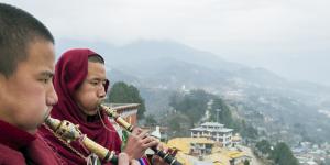 Monks blow temple horns at the Tawang monastery in the Indian state of Arunachal Pradesh. China does not recognise Indian sovereignty over much of this region.