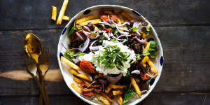 Gyros loaded fries with whipped feta.