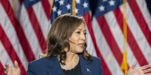 Vice President Kamala Harris campaigns for president as the presumptive Democrat candidate during an event in Milwaukee.