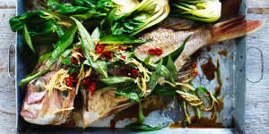 Steamed snapper with fried ginger,chilli and Vietnamese mint.