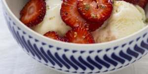 Lemon verbena ice cream with strawberries and Szechuan pepper.