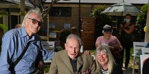 Tim Hickie,his father Michael Hickie and Michael’s daughter Tessa Newton at the RSL Anzac Village in Narrabeen.