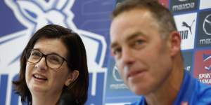 North Melbourne President Sonja Hood speaks to the media after announcing Clarkson as the Kangaroos’ new coach.