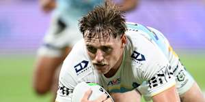 AJ Brimson scores for the Gold Coast Titans.