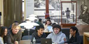 Book a table:Year 12 students at State Library Victoria (l-r):Scarlet Russell,James Talbot,Mohamed Elhag,Ahmed Merhi and Haneef Abubaker.