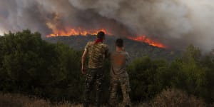 Flames burn a forest during wildfires near the village of Sykorrahi,near Alexandroupolis town,in the northeastern Evros region,Greece,Wednesday,Aug. 23,2023. Advancing flames are devouring forests and homes in Greece as wildfires that have killed 20 people are raging.