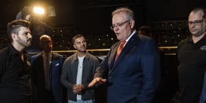 Scott Morrison and Guy Sebastian last year,when the Prime Minister announced an arts rescue package. 
