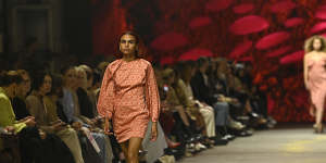 A model wears Clair Helen in the First Nations Fashion Design parade at Australian Fashion Week 2021.