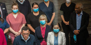 Flanked by nurses and his colleagues,Daniel Andrews announced $44 million for PET scanners.