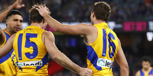 MELBOURNE,AUSTRALIA - AUGUST 20:Jamie Cripps of the Eagles celebrates kicking a goal during the round 23 AFL match between Western Bulldogs and West Coast Eagles at Marvel Stadium,on August 20,2023,in Melbourne,Australia. (Photo by Daniel Pockett/Getty Images)