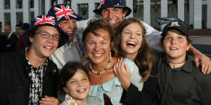 Wood and her six children in 2005,in Canberra for her Australian of the Year award.