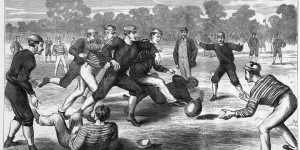 An Australian Rules game in Yarra Park,Melbourne,1874. Artist:Oswald Rose Campbell;Date:July 13,1874. Print:wood engraving. Courtesy of the State Library of Victoria.