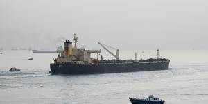 A ship transits the Suez Canal towards the Red Sea in Suez,Egypt. 