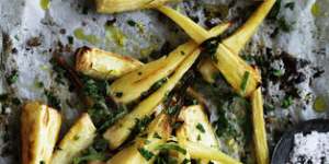 cr:William Meppem recipe - Roast parsnips with mint gremolata