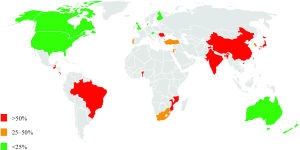 A map showing how much sodium intake in different countries comes from discretionary use of salt.