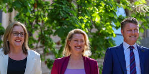 Employment Minister Vicki Ward (centre) with Premier Jacinta Allan and Deputy Premier Ben Carroll in 2023.