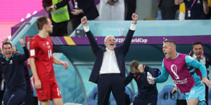 Graham Arnold celebrates after the final whistle.