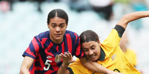 Matildas’ defensive woes exposed by USA in front of record crowd