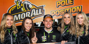 Cam Waters celebrates after claiming pole position for Sunday’s Bathurst 1000.