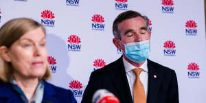 NSW Chief Health Officer Kerry Chant and Dominic Perrottet,then the state’s treasurer,at a COVID-19 update in July.