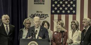 President Joe Biden speaks at a campaign rally in April at which members of the Kennedy family announced support for his re-election.