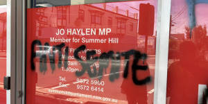 Offensive graffiti sprayed on the front window of Jo Haylen’s electorate office on Saturday. 