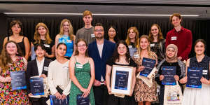 Finalists and winners at the 2023 Essay Prize awards,with SMH Editor Bevan Shields.