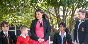 Yarra Valley Grammar School students Gabe,Harry,Gaurvi and Amara with the school’s director of learning support,Rachel Wilson (centre).