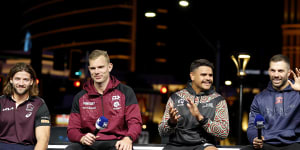 Brisbane’s Pat Carrigan,Manly’s Tom Trbojevic,Souths’ Latrell Mitchell and the Roosters’ James Tedesco at the NRL Las Vegas Launch on Thursday (AEDT).