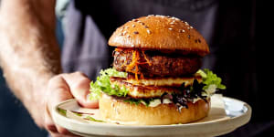 A vegetarian burger made using a legume-based patty from v2Food.