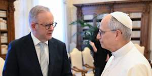 Australian Prime Minister Anthony Albanese with Pope Leo XIV during a private meeting at the Vatican,Monday,May 19,2025