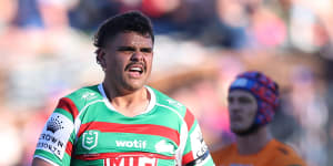 Latrell Mitchell is sent to the sin bin for elbowing Tyson Frizell.