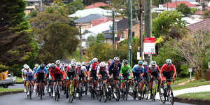 Riders in the junior road race struggle up the Mount Pleasant climb on Wollongong’s city circuit.