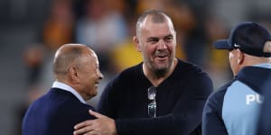 Michael Cheika shakes hands with Eddie Jones during a Argentina-Wallabies clash in 2023.