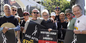 Cast and writers from “Breaking Bad” and “Better Call Saul” on a picket line outside Sony Pictures studios.