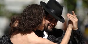 Tango dancers perform in commemoration of Tango Day in downtown Montevideo,