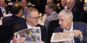 Mates:Anthony Albanese and businessman Kerry Stokes during the ‘Leadership Matters’ breakfast.