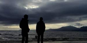 The author and his brother at Scalpsie Bay,Bute,Scotland,with the Isle of Arran behind.