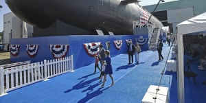 The launch of a US Virginia class submarine at the General Dynamics Electric Boat shipyard in Connecticut. 