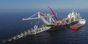A ship works offshore in the Baltic Sea on the natural gas pipeline Nord Stream 2 from Russia to Germany. 