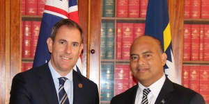 Nauru President David Adeang (right) met Treasurer Jim Chalmers in Melbourne.