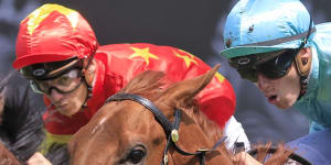 Platinum Jubilee surges to the front in the Gimcrack Stakes at Randwick last year.
